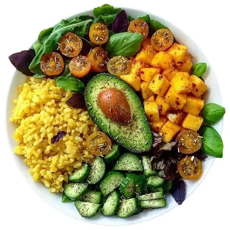 A whole-food bowl of roast pumpkin, avocado, cucumber, tomatoes and turmeric rice